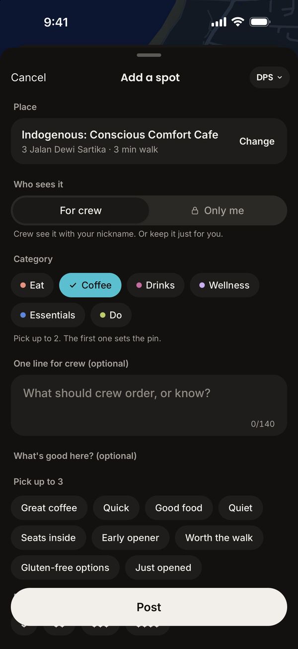 Add a spot: a place picked from Apple Maps, a category and one line for crew