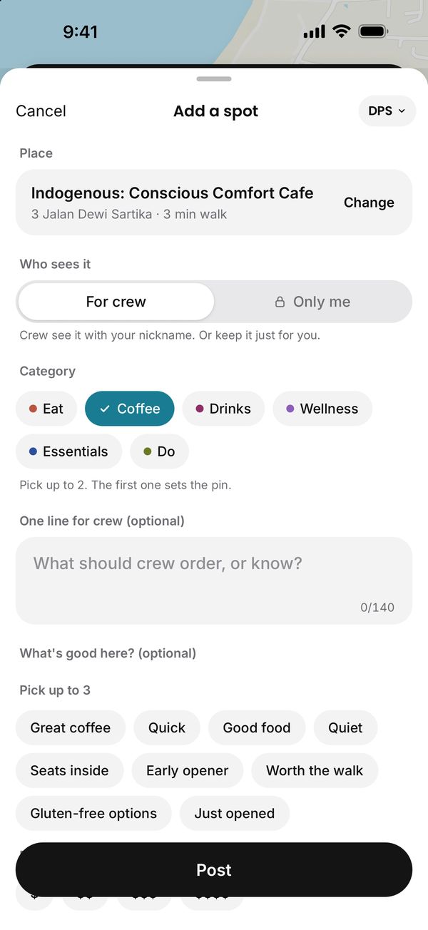 Add a spot: a place picked from Apple Maps, a category and one line for crew