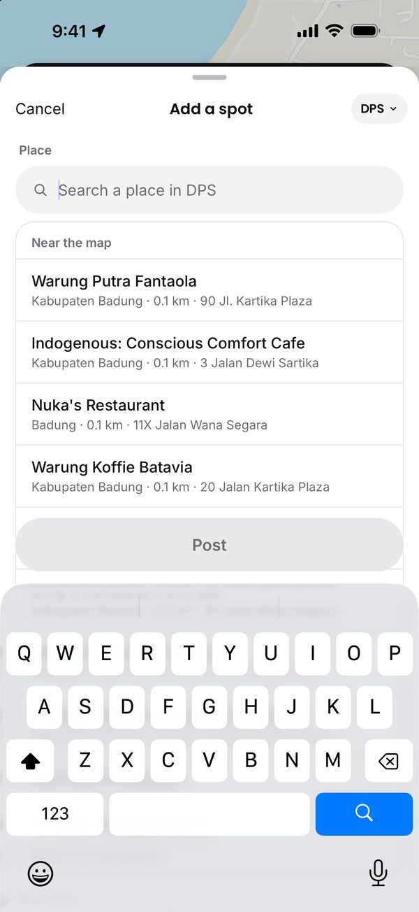 Add a spot in Bali: the places near the map, nearest first, with the search box above