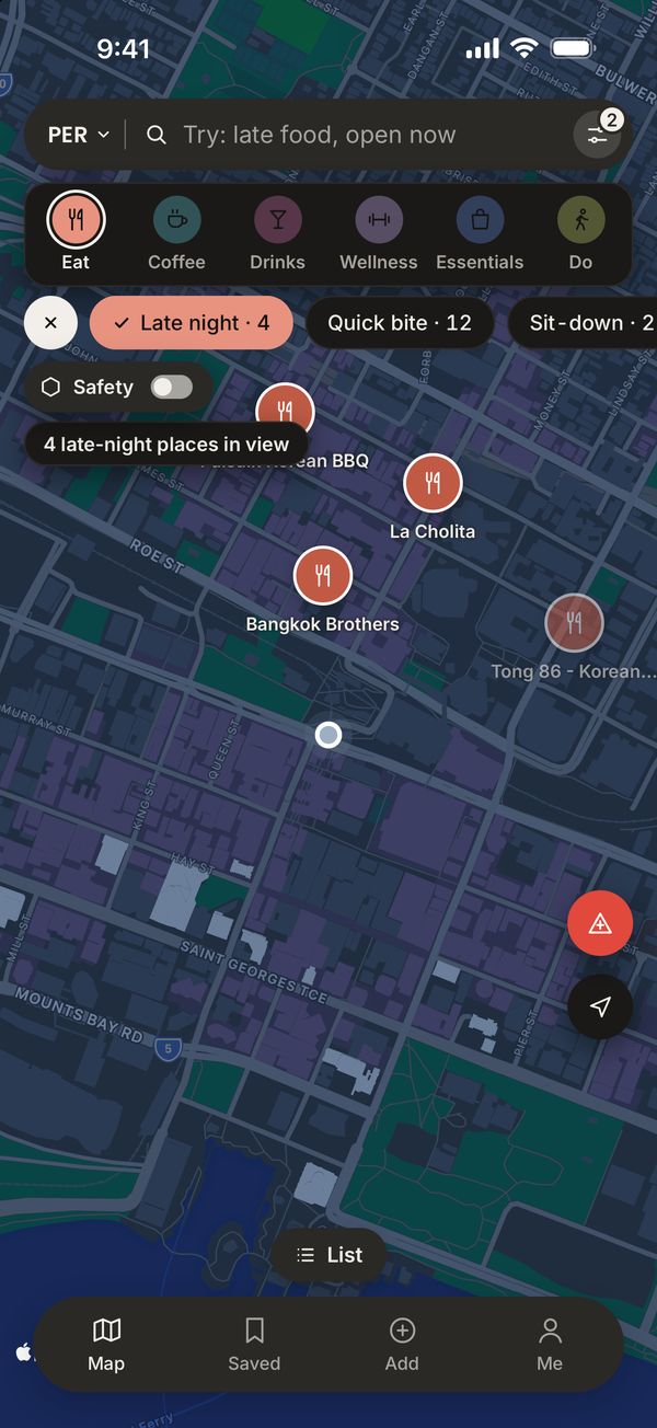 The map in Perth with Eat and Late night picked