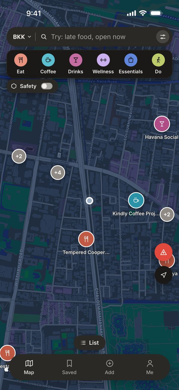 The map in Bangkok with crew spots and walk times from where you are