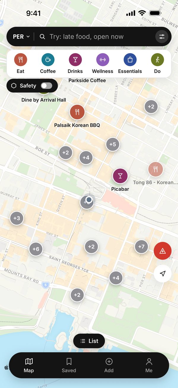 The map in central Perth with crew spots and the six category buttons