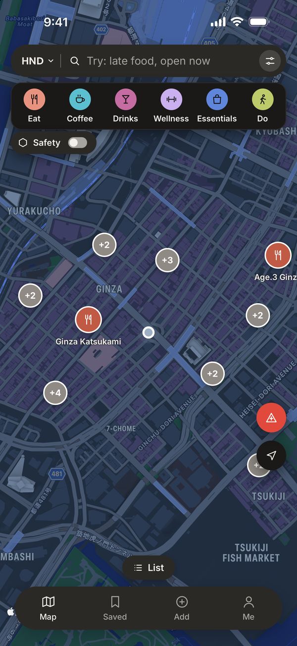 The On Chocks map in Tokyo: crew spots around Ginza, the six category buttons and the Safety switch