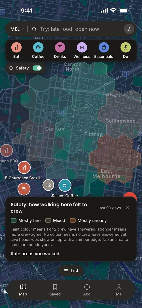 The Safety map in Melbourne: areas shaded as mostly fine, mixed or mostly uneasy, with the key