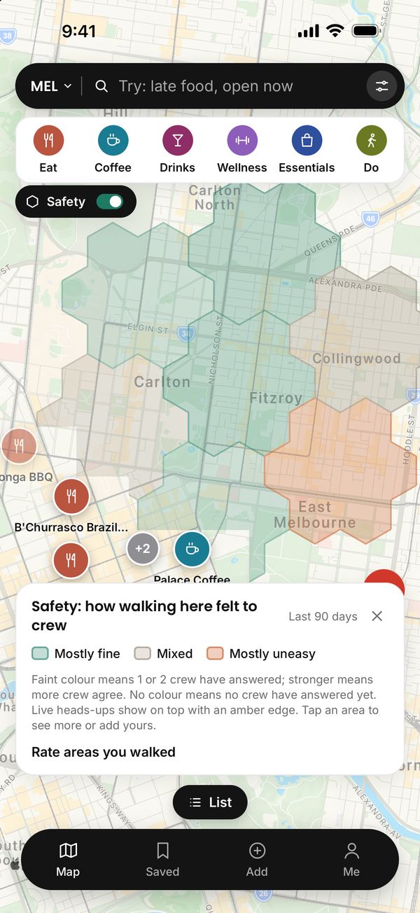 The Safety map in Melbourne: areas shaded as mostly fine, mixed or mostly uneasy, with the key